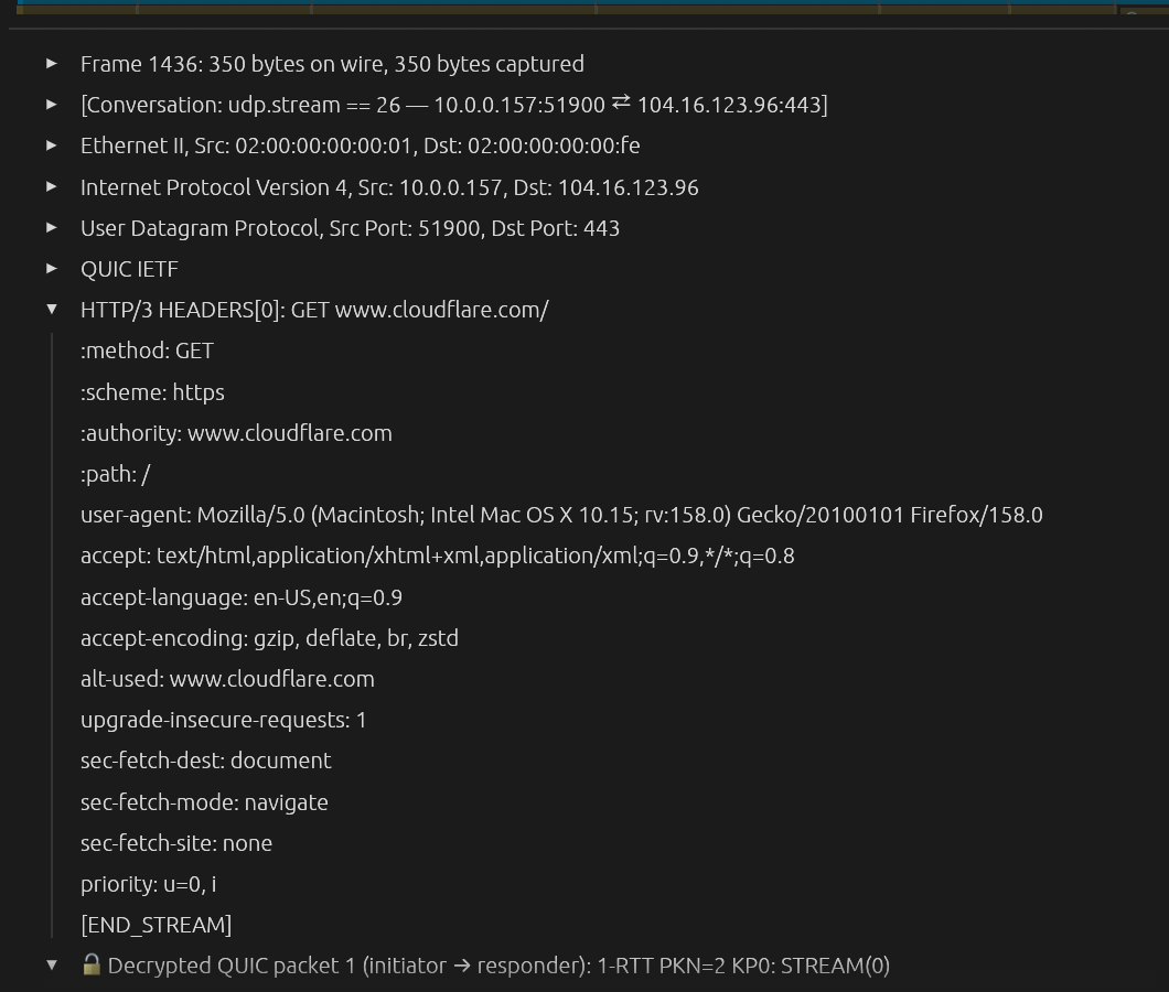Details of a decrypted HTTP/3 request: method, scheme, authority, path and user-agent headers