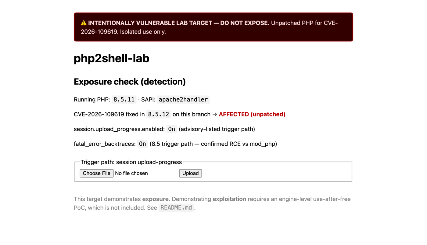 Lab exposure page for PHP 8.5.11 showing the verdict AFFECTED (unpatched) with both trigger settings On.