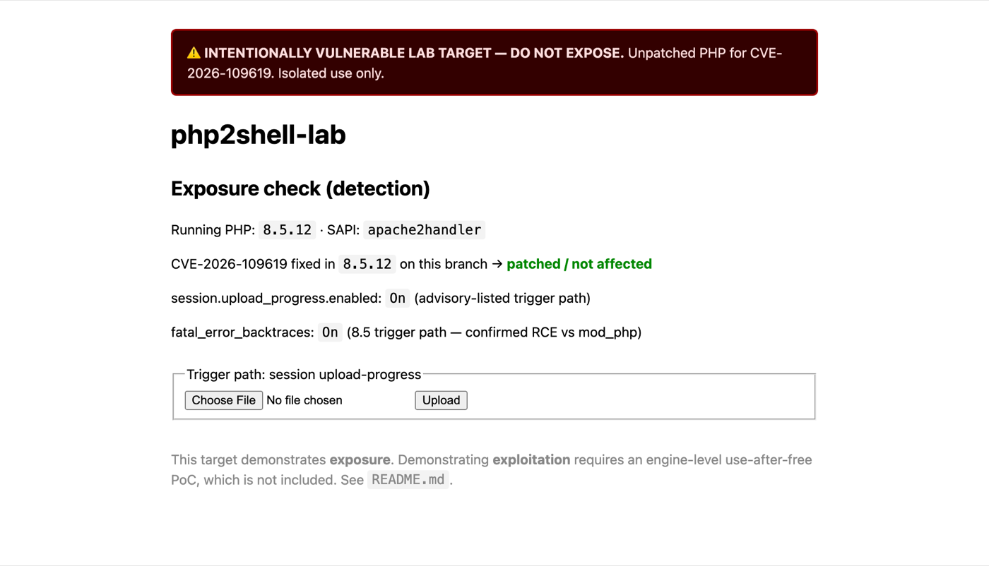 The same exposure page after upgrading to PHP 8.5.12, showing the verdict patched / not affected.