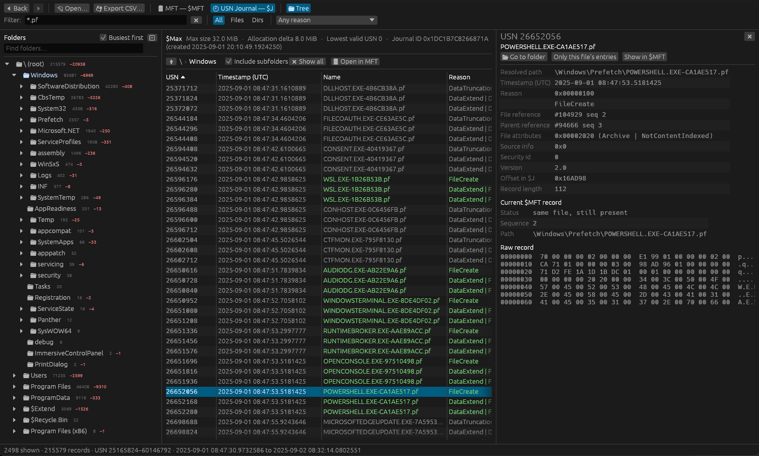 Sediment showing the USN journal as a folder tree with activity counts, the journal entries for the Windows Prefetch folder, and one entry decoded with its current $MFT record