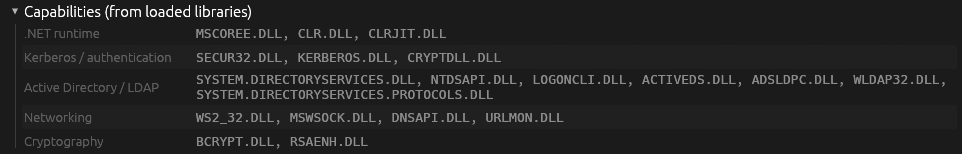 Capabilities inferred from loaded libraries: .NET runtime, Kerberos, Active Directory / LDAP, networking and cryptography