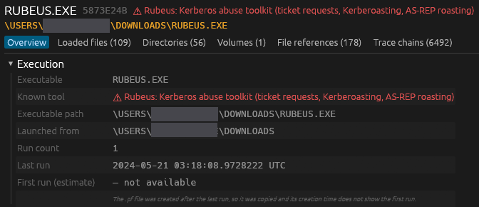 A prefetch file for RUBEUS.EXE flagged as a Kerberos abuse toolkit, launched from a user's Downloads folder (user name redacted)