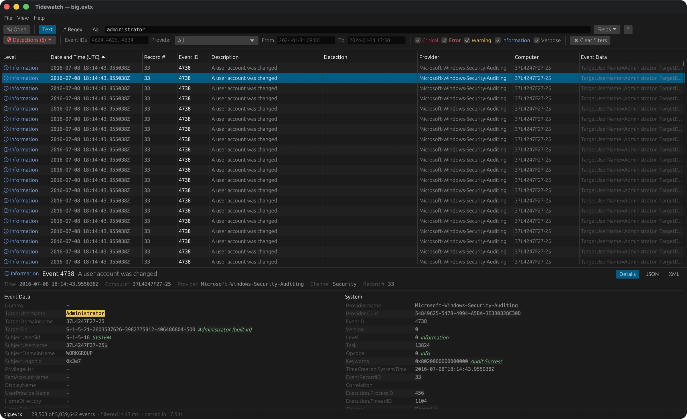 Tidewatch with a 5,039,642-event log open; the status bar reads '29,503 of 5,039,642 events, filtered in 43 ms, parsed in 17.54 s'