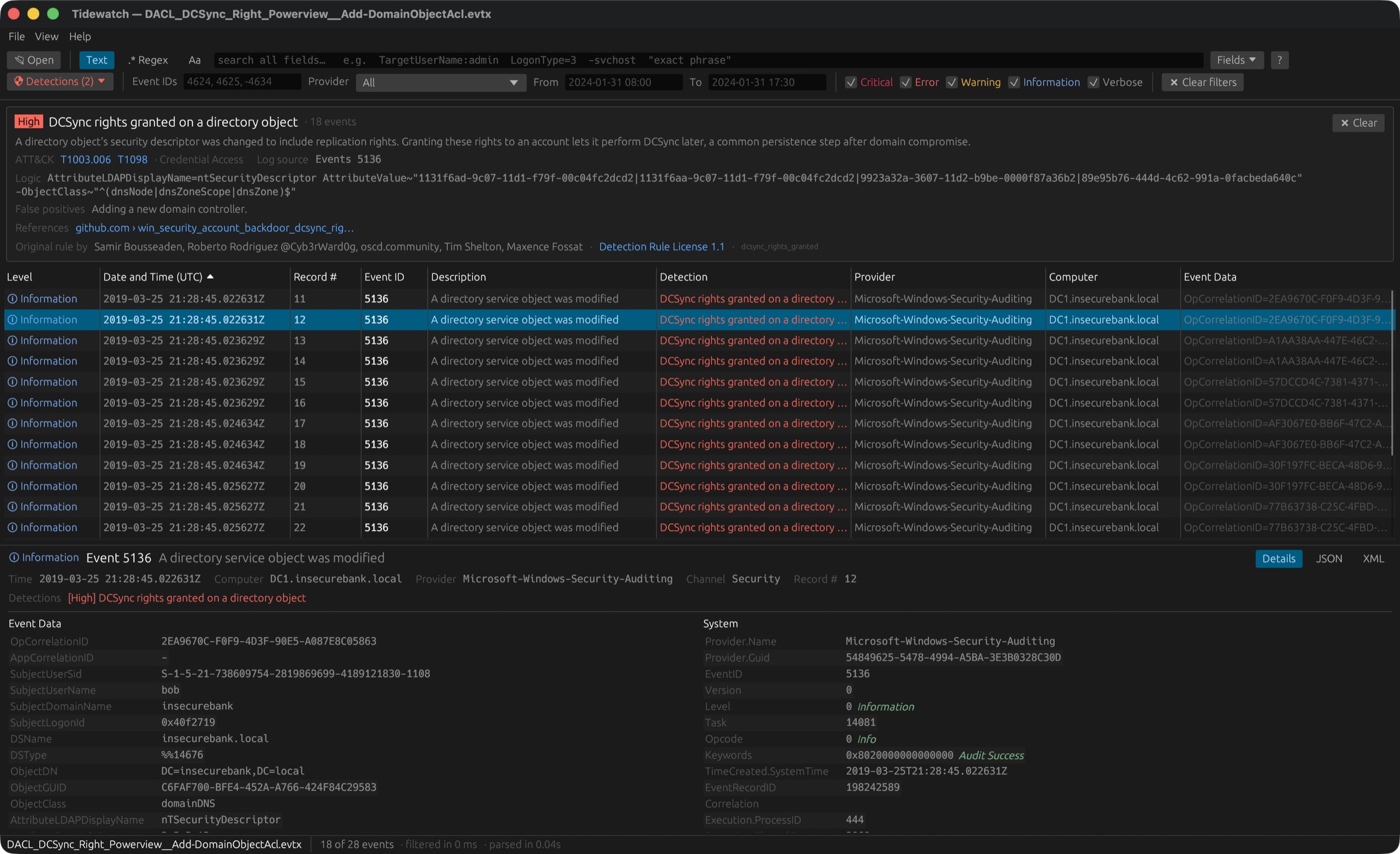 Tidewatch showing a 'DCSync rights granted' detection, the matching events, and the full details of one event