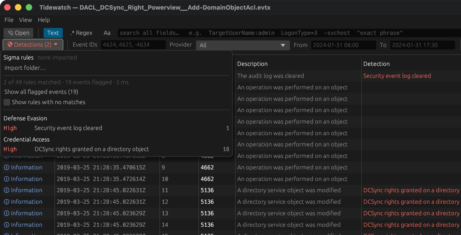 The Detections menu listing matched rules by tactic and severity